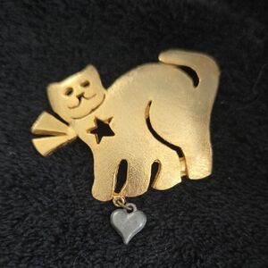 Gold Cat Brooch with Heart Charm